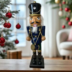 Nutcracker Blue Black Soldier Drummer Jeweled Christmas Festive Holiday Decor